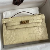 Imitation Cheap Hermes Kelly Pochette Handmade Bag In Vanille Matte Alligator Leather JM867iu55