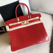 Imitation Hermes Birkin 30 Handmade Bag In Red Crocodile Niloticus Shiny JM573fw56