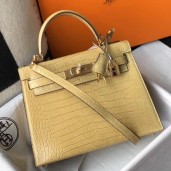 Imitation Hermes Kelly 25cm Handmade Bag In Jaune Poussin Embossed Crocodile Leather JM743NC66