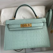 Imitation Hermes Kelly Mini II Sellier Handmade Bag In Vert D'eau Matte Alligator Leather JM577qe74