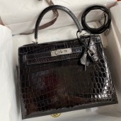 Imitation Hermes Kelly Sellier 28 Handmade Bag In Black Crocodile Niloticus Shiny Skin JM1280hw36