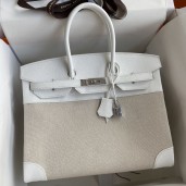 Knockoff Hermes Birkin 35 Handmade Bag In Toile & White Clemence Leather JM101mD64
