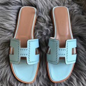 Knockoff Hermes Oran Perforated Sandals In Blue Atoll Epsom Leather JM959xA12