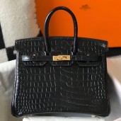 Replica Cheap Hermes Birkin 25cm Bag In Black Embossed Crocodile Leather JM1539Vu82