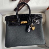 Replica Designer Hermes Touch Birkin 25 Bag in Black Togo and Shiny Alligator Leather JM2076Le42