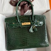 Replica Fashion Hermes Birkin 30 Handmade Bag In Green Crocodile Porosus Shiny Skin JM1677Vw59