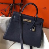 Replica Hermes Kelly 32cm Bag In Dark Blue Clemence Leather PHW JM1786BV51