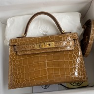 Fake Best Hermes Kelly Mini II Sellier Handmade Bag In Ficelle Shiny Alligator Leather JM1199HE81