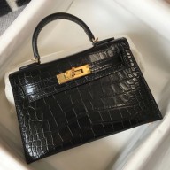 Hermes Kelly Mini II Bag In Black Embossed Crocodile Leather JM1100FT69