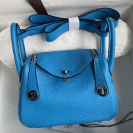 Hermes Mini Lindy Handmade Bag In Blue Frida Clemence Leather JM1560Gp56