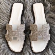 Hermes Oran Sandals In White Suede With Crystal JM1374Mq48