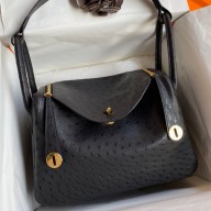 Replica Hermes Lindy 30 Handmade Bag In Black Ostrich Leather JM997QA46