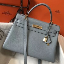 AAA Hermes Kelly 32cm Bag In Blue Lin Clemence Leather GHW JM42sH79