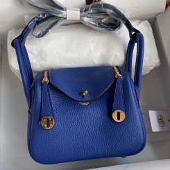 AAA Hermes Mini Lindy Handmade Bag In Blue Electric Clemence Leather JM1573DY28
