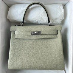 AAAAA Replica Hermes Kelly Retourne 25 Handmade Bag In Sauge Clemence Leather JM745cd87