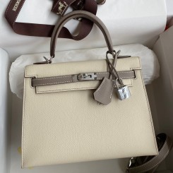 Best Hermes Kelly Sellier 25 Bicolor Bag in Craie and Gris Asphalt Epsom Calfskin JM914YF21