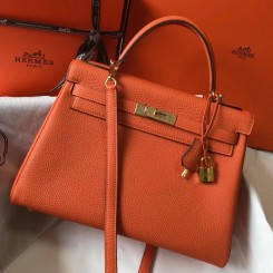 Best Quality Hermes Kelly 32cm Bag In Orange Clemence Leather GHW JM1498nV25