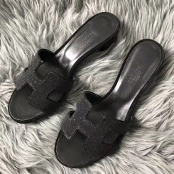 Best Quality Hermes Oasis Sandals In Black Suede with Rhinestone JM1200nV25