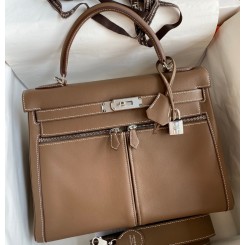 Cheap Hermes Kelly Lakis 32 Handmade Bag In Taupe Swift Calfskin JM273Zm92