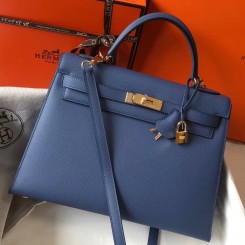 Copy Hermes Kelly 32cm Bag In Blue Agate Epsom Leather GHW JM2031Kn74