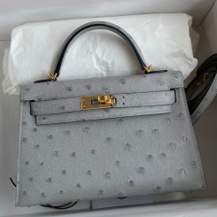 Copy Hermes Kelly Mini II Sellier Handmade Bag In Bleu Glacier Ostrich Leather JM1249uk73