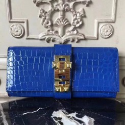 Designer Fake Hermes Medor Clutch Bag In Blue Crocodile Leather JM1685UT24
