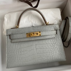 Designer Hermes Kelly Mini II Sellier Handmade Bag In Pearl Grey Matte Alligator Leather JM2039SU34
