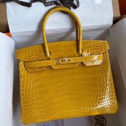 Fake Hermes Birkin 30 Handmade Bag In Jaune Ambre Crocodile Niloticus Shiny Skin JM1075uQ71