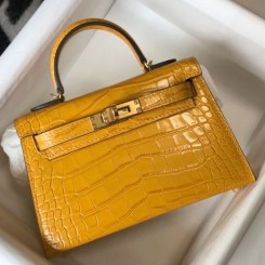 Fake Hermes Kelly Mini II Bag In Yellow Embossed Crocodile Leather JM135BC48
