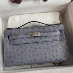 Fake Hermes Kelly Pochette Handmade Bag In Gris Agate Ostrich Leather JM1738IZ26