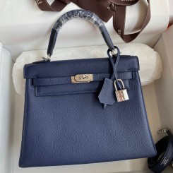Fake Hermes Kelly Retourne 25 Handmade Bag In Blue Saphir Clemence Leather JM1340Ad61