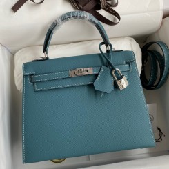 Fake Hermes Kelly Sellier 25 Handmade Bag In Blue Jean Epsom Calfskin JM254Lm57