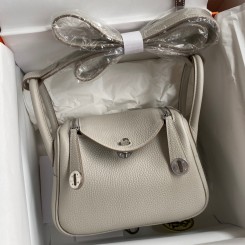 Fake Hermes Mini Lindy Handmade Bag In Pearl Grey Clemence Leather JM548GR32
