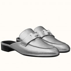 Fake Hermes Trocadero Mules In Silver Nappa Leather JM1397Bp55