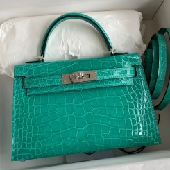 Fashion Hermes Kelly Mini II Sellier Handmade Bag In Vert Jude Shiny Alligator Leather JM294LS40