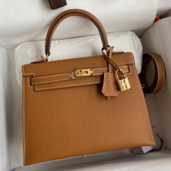 Fashion Hermes Kelly Sellier 25 Handmade Bag In Gold Epsom Calfskin JM25lx86