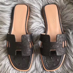 Fashion Imitation Hermes Oran Sandals In Black Ostrich Leather JM1333nM61
