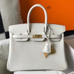 Hermes Birkin 25cm Bag In White Embossed Crocodile Leather JM1757Nr89