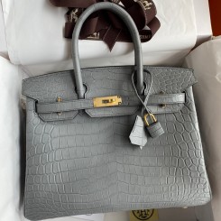 Hermes Birkin 30 Handmade Bag In Etain Crocodile Niloticus Matte Skin JM05zd42