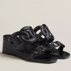 Hermes Figari 55mm Wedge Sandals In Black Nappa Leather JM291pB23