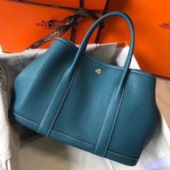 Hermes Garden Party 30 Bag In Blue Jean Taurillon Leather JM508Hv51