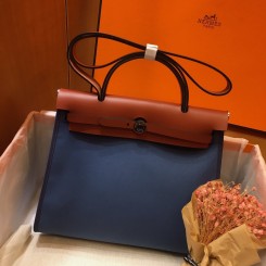 Hermes Herbag Zip 31cm Bag In Camel And Blue JM53Ym74