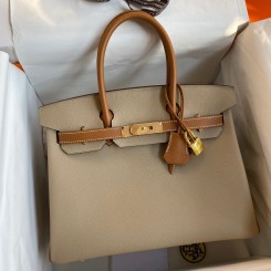 Hermes HSS Birkin 30 Bicolor Bag in Trench and Gold Epsom Calfskin JM1262Gp56