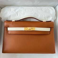 Hermes HSS Kelly Pochette Bicolor Bag in Gold and Craie Swift Calfskin JM345dW15