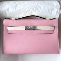 Hermes HSS Kelly Pochette Bicolor Bag in Pink and Craie Swift Calfskin JM1348Rd78