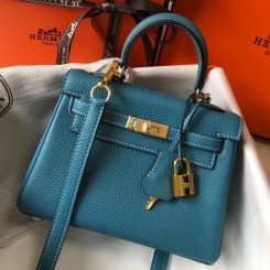 Hermes Kelly 20cm Bag In Blue Jean Clemence Leather GHW JM1404Xy49