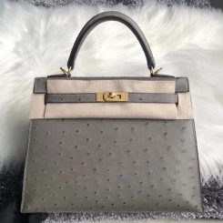 Hermes Kelly 25cm Handmade Bag In Gris Asphalt Ostrich Skin JM506zp53