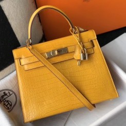 Hermes Kelly 25cm Handmade Bag In Yellow Embossed Crocodile Leather JM1424Wx63