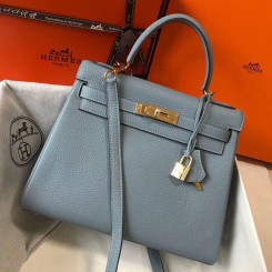 Hermes Kelly 28cm Bag In Blue Lin Clemence Leather GHW JM267Nr89
