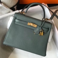 Hermes Kelly 28cm Bag In Vert Amande Clemence Leather GHW JM1508QF99